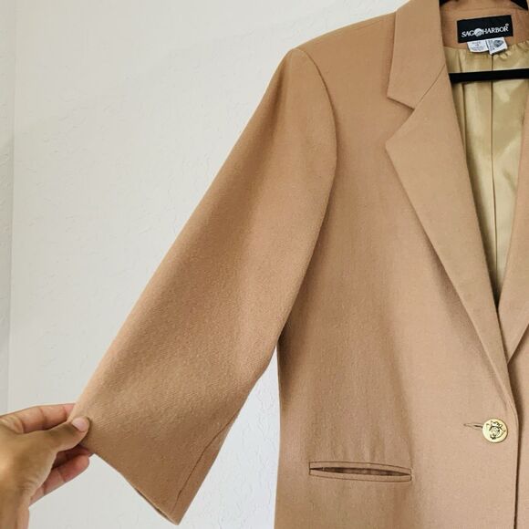 Vintage Sag Harbor Blazer Jacket 100% Wool Women 14 Camel Tan Brown Academia - Picture 3 of 13